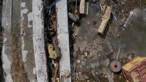 Drone Flight Over Rusty Scrap Dump in Chernobyl