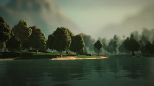 Cartoon Green Forest Landscape with Trees and Lake