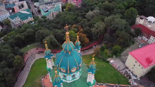 Aerial Top View of Saint Andrew's Church and Andreevska Street From Above in Kiev Ukraine.