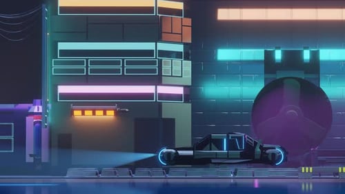 Futuristic Flying Car Through Neon Cityscape Animation