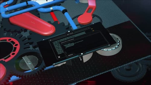 Ein Display, das Binärcode mit Download und Fehler anzeigt. Mechanismus mit Zahnrädern und Bildschirmanimation