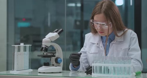 Scientist Works in Laboratory With Pipette and Microscope