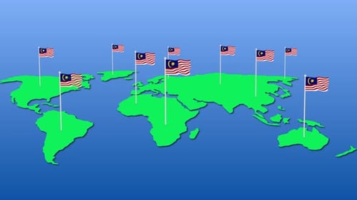 Animated Flat Design Malaysian Flags on World Map