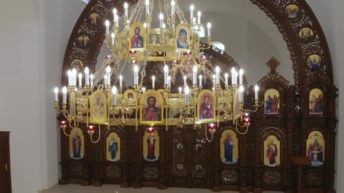 Aerial Drone Flight around Church Lampshade inside Church
