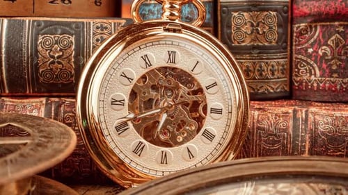 Golden Pocket Watch with Antique Books and Navigation