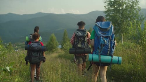 Rear View of Diverse Multiethnic Backpackers Descending Mountain Trail on Trek