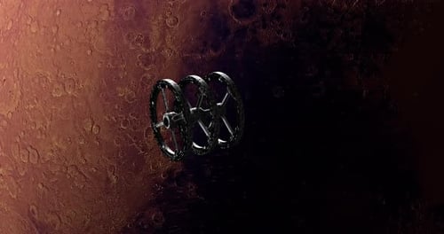 Futuristic Space Station Rotating Over Red Planet Animation