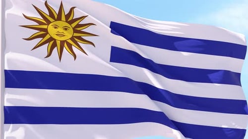 Uruguay Flag Waving in Realistic Slow Motion Against Blue Sky