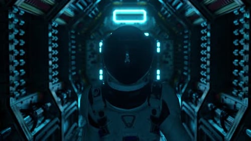 Astronaut Walking in Spaceship Tunnel Scifi Shuttle Corridor