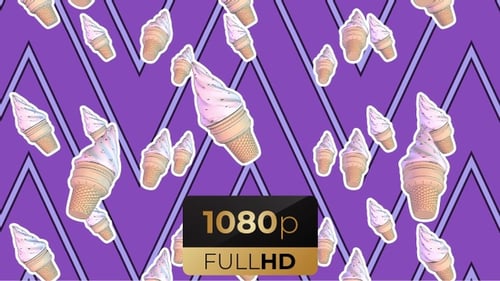 Animated Ice Cream Cones Pattern with Purple Zigzag Background