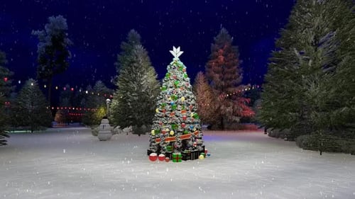 Animated Christmas Tree in Snowy Winter Night with Twinkling Lights