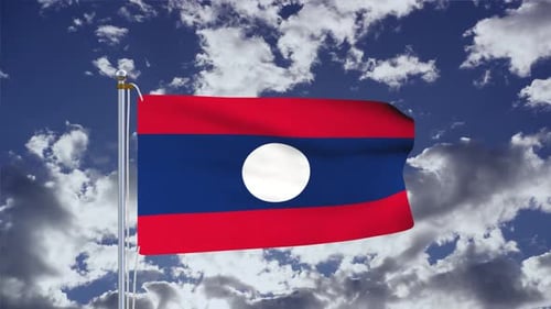 Realistic Laos Flag Waving Against a Cloudy Blue Sky