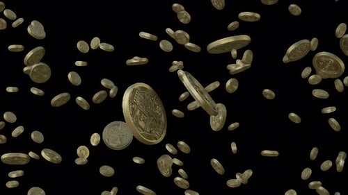 Bitcoin Coins Falling In Infinite Loop With Alpha Channel And Dof