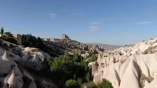 Aerial view of Pigeon Valley and Uchisar village and castle at Cappadocia, Turkey