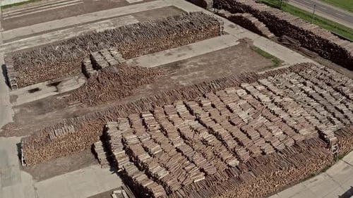Luftbild-Lagerhaus von Bäumen in einer Holzfällerproduktion.