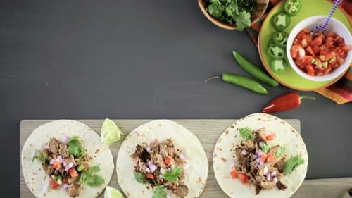 Tacos with Fresh Salsa and Cilantro Overhead Shot