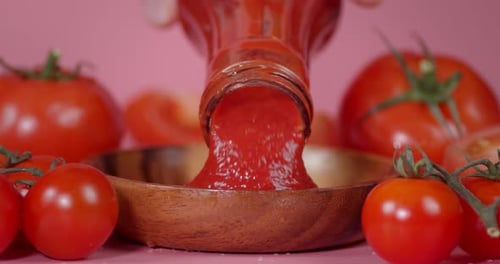 Tomato Sauce Poured From a Glass Bottle on a Plate.