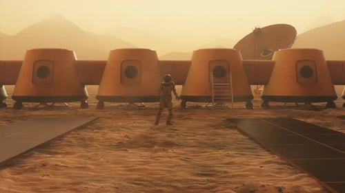 Astronaute sur la planète Mars exécutant une danse à sa base