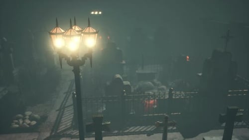 Very Old Misty and Creepy Graveyard in Fog at Night