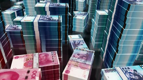 3d flight over Taiwan Dollar and Chines Yuan money banknote packs loop