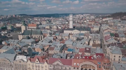 Aerial City Lviv, Ukraine. European City. Popular Areas of the City. Rooftops