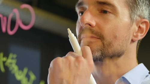 Close-up of male executive working on glass wall in office 4k