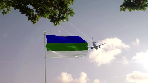 Waving Flag and Airplane Flying Over Modern City Skyline
