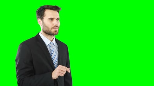 Geschäftsmann berührt digitalen Bildschirm
