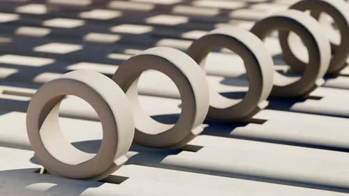 Círculos abstratos de cimento girando no plano plano futurista