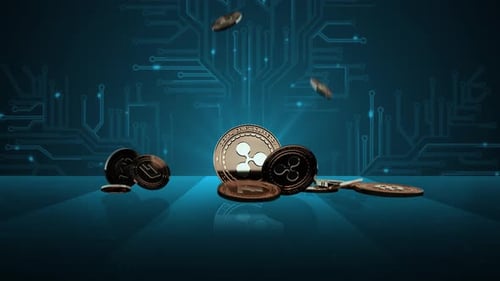 Falling Cryptocurrency Coins on Digital Circuit Board Background