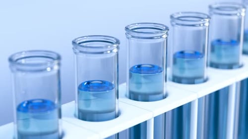 Loopable animation of test tubes filled with blue liquid. Side view. Lab. 4KHD