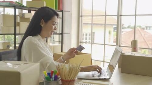 Woman Uses Laptop and Credit Card in Office