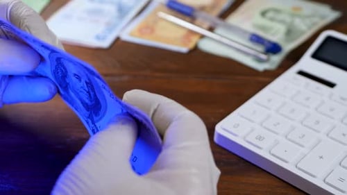 Gloved Hands Counting US Currency on Wooden Surface