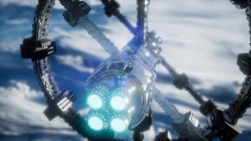 Futuristic Space Station with Glowing Engines Rotating in Orbit