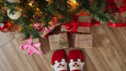Feet in Funny Christmas Socks Santa Face Wooden Floor Under Fir Tree Gift Boxes
