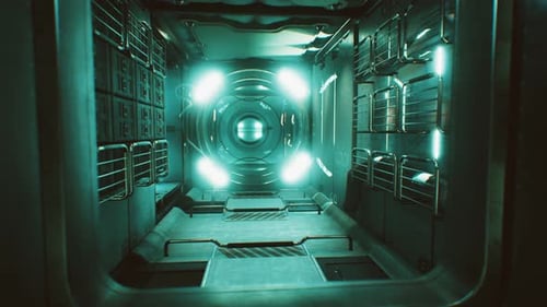 Futuristisches Interieur des dunklen Raumschiffs
