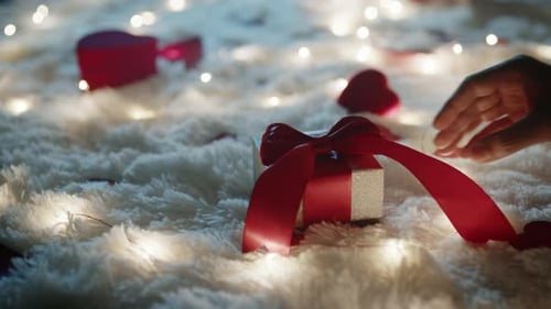 Gift Box on Cozy Carpet with Heart Decorations
