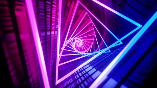 Flying through a triangular tunnel with neon lights