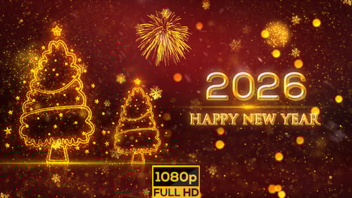 Golden Christmas Trees and Happy New Year 2026 Celebration Animation