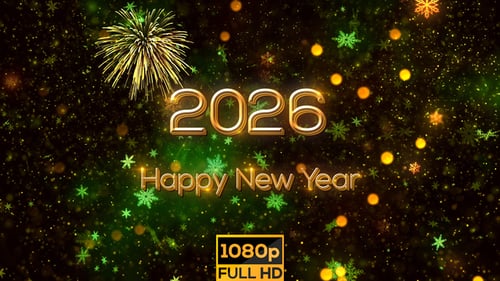 Golden Happy New Year Celebration with Fireworks and Snowflakes