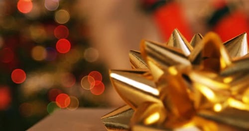 Close up Christmas Present with Gold Bow