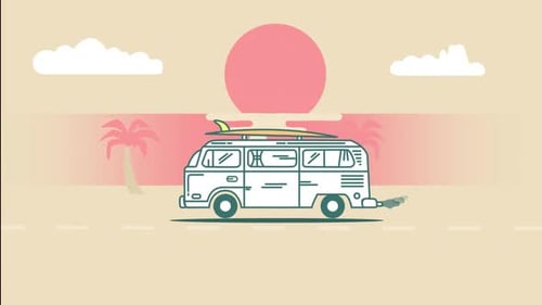 Vintage holiday summer scenery with campervan during a road trip, palm trees, sun and clouds