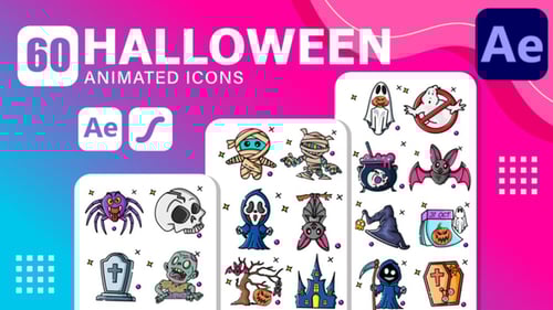 60 Happy Halloween Icons Pack Animated | After Effects Template & Lottie Animation