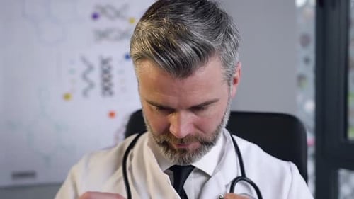 Smiling Doctor Puts on Stethoscope in Office