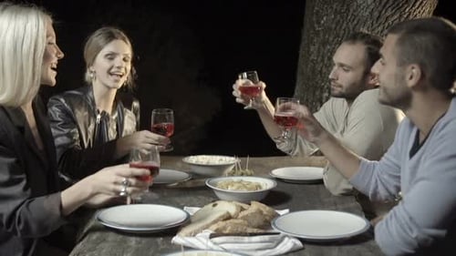 Friends Toasting with Wine at Outdoor Dinner