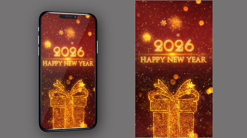 Happy New Year Celebration with Glowing Gift Box and Snowflakes