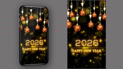 Festive New Year Greeting with Golden Ornaments and Falling Snowflakes