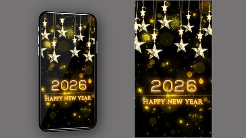 Golden New Year 2026 Celebration with Glowing Stars and Snowflakes