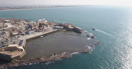 Aerial top down view of Acre old town, Old City of Acre, Israel.