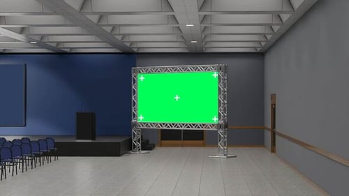 Empty Conference Room with Large Green Screen Presentation Stage